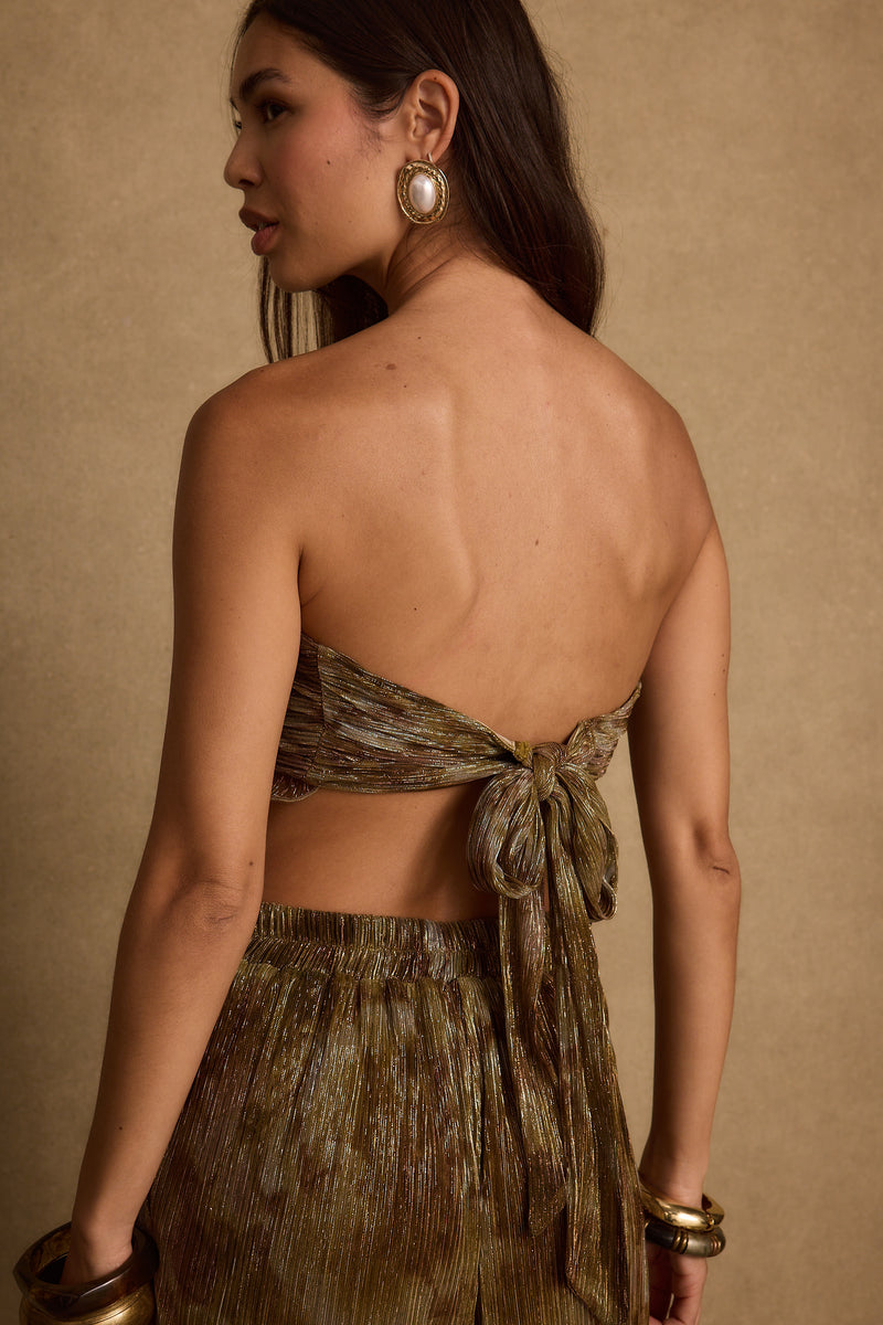 Kaia Moss Metallic Floral Strapless Top styled in a complete look from an alternate angle.