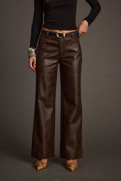 Kennedy Espresso Vegan Leather Pants styled in a complete look from an alternate angle.