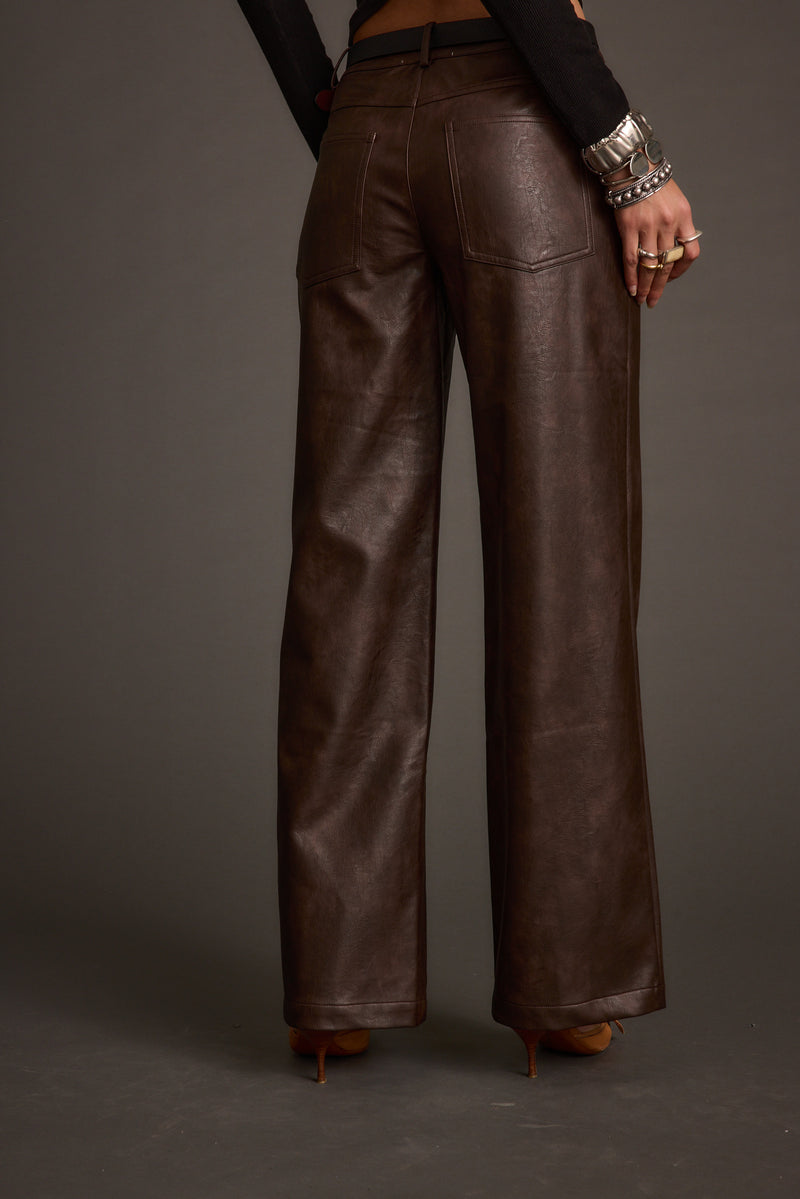 Kennedy Espresso Vegan Leather Pants paired with complementary accessories for a polished look.