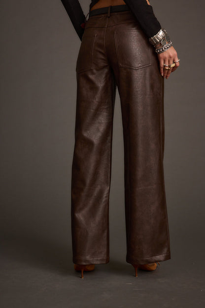 Kennedy Espresso Vegan Leather Pants paired with complementary accessories for a polished look.