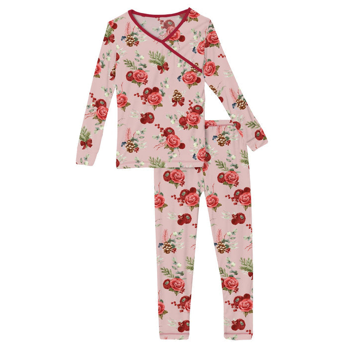 Kickee Print Long Sleeve Kimono Pajama Set- Baby Rose Holiday Floral