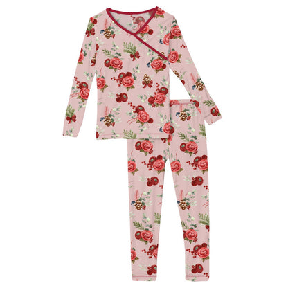 Kickee Print Long Sleeve Kimono Pajama Set- Baby Rose Holiday Floral