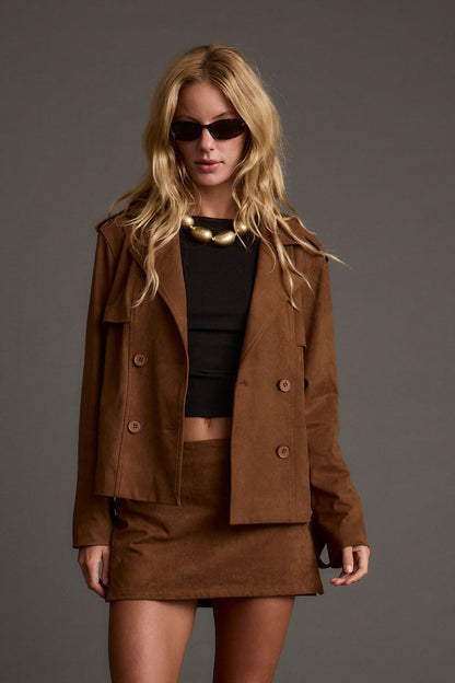 Kinsey Cognac Vegan Suede Cropped Trench styled in a complete look from an alternate angle.