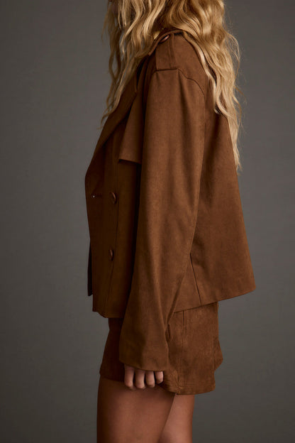 Additional view of the Kinsey Cognac Vegan Suede Cropped Trench from a different perspective.
