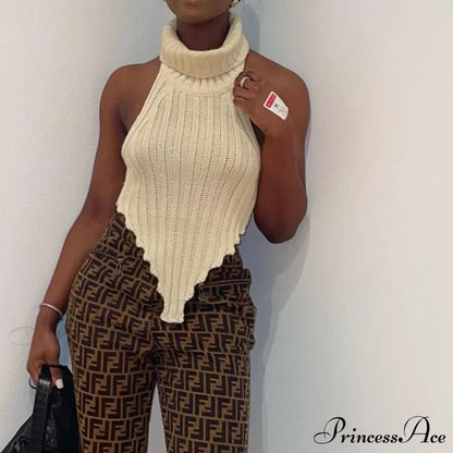 Knitted Turtleneck Stylish Backless Crop Top Shirts & Tops
