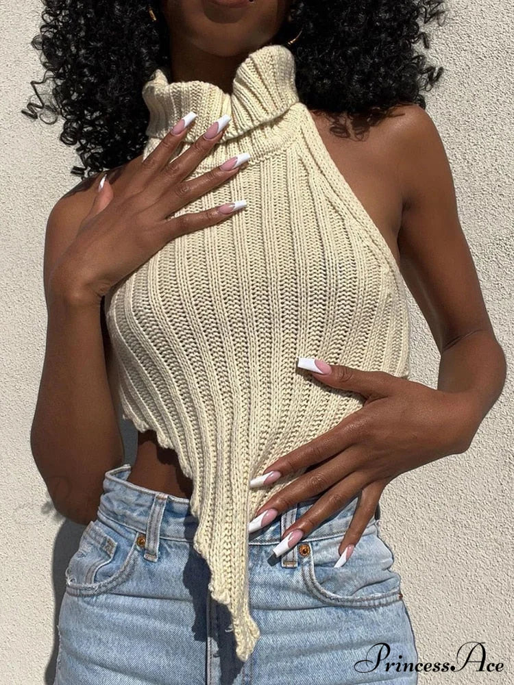 Knitted Turtleneck Stylish Backless Crop Top Shirts & Tops
