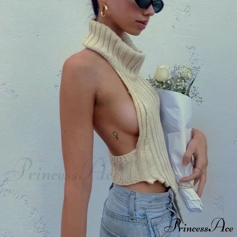 Knitted Turtleneck Stylish Backless Crop Top Shirts & Tops