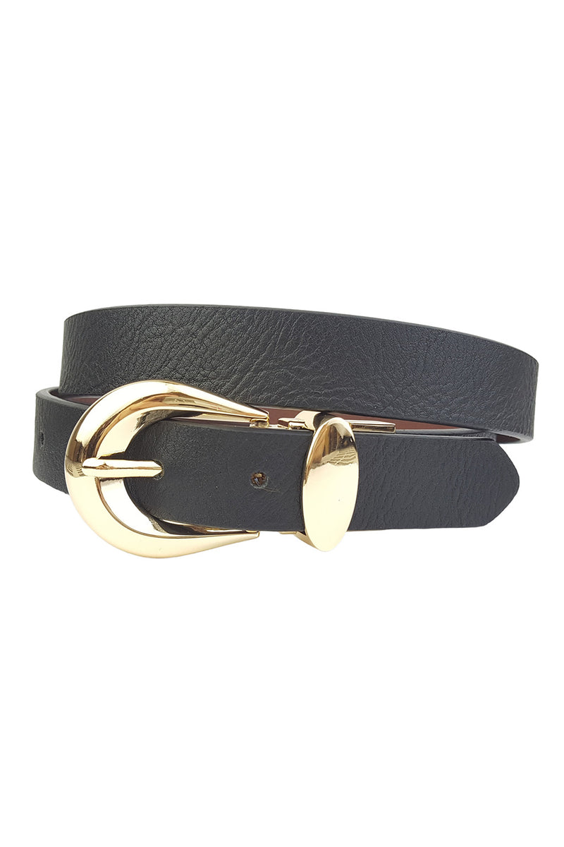 Close-up of the Knowles Gold Buckle Reversible Belt showcasing the fabric texture and design details.