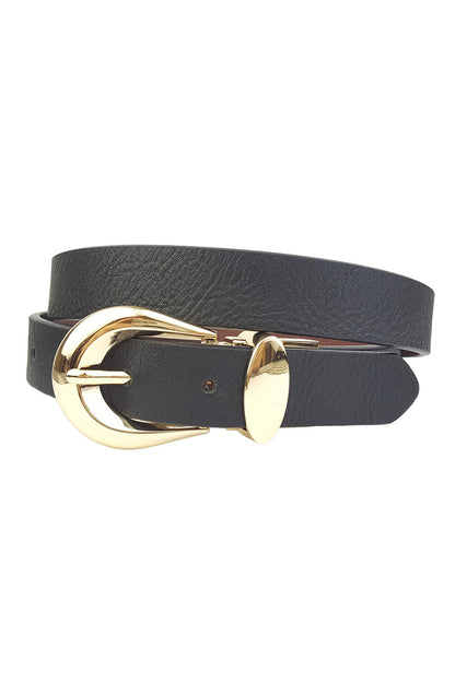 Close-up of the Knowles Gold Buckle Reversible Belt showcasing the fabric texture and design details.