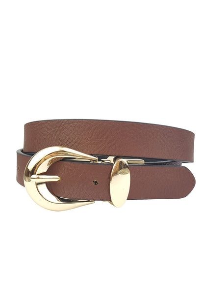 Knowles Gold Buckle Reversible Belt styled in a complete look from an alternate angle.