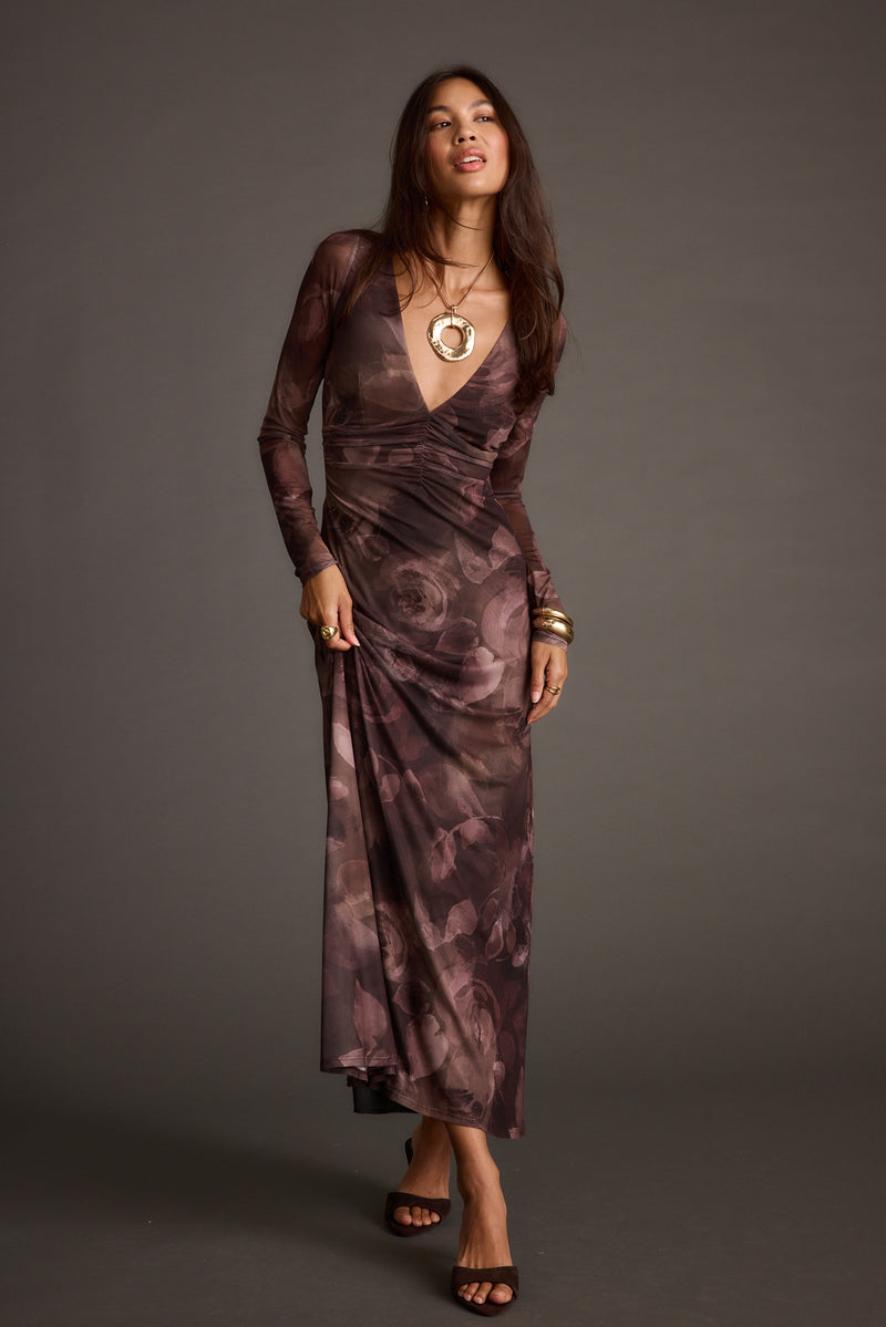 Plum mesh maxi dress with refined detailing and a flattering silhouette.