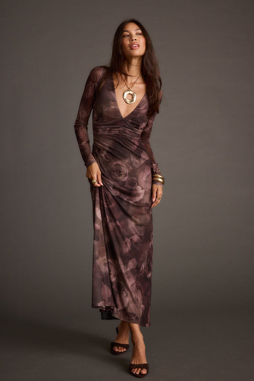 Plum mesh maxi dress with refined detailing and a flattering silhouette.
