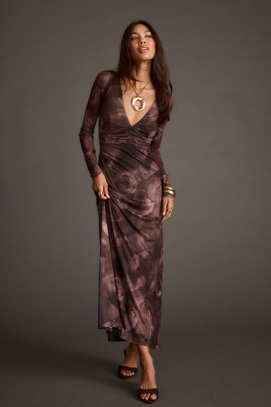 Plum mesh maxi dress with refined detailing and a flattering silhouette.