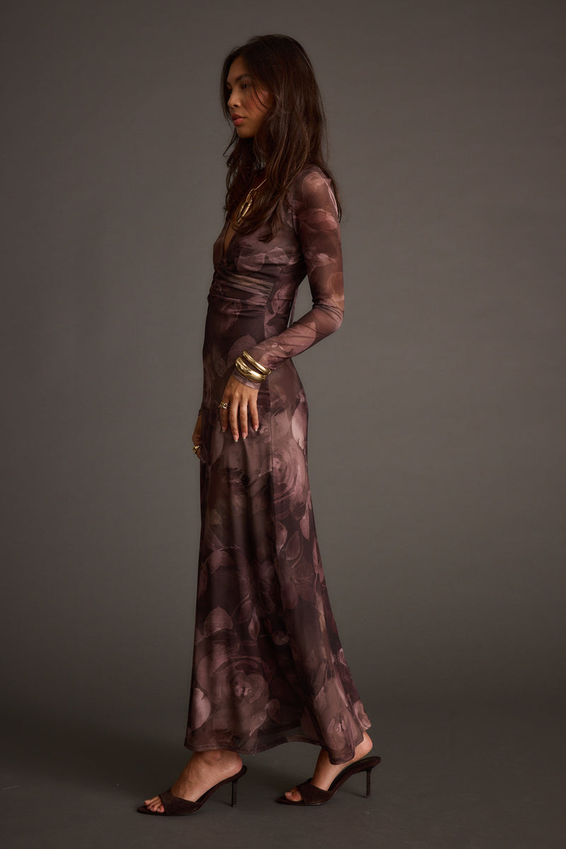 Close-up of the Kristin Plum Blur Mesh Maxi Dress showcasing the mesh texture and craftsmanship.