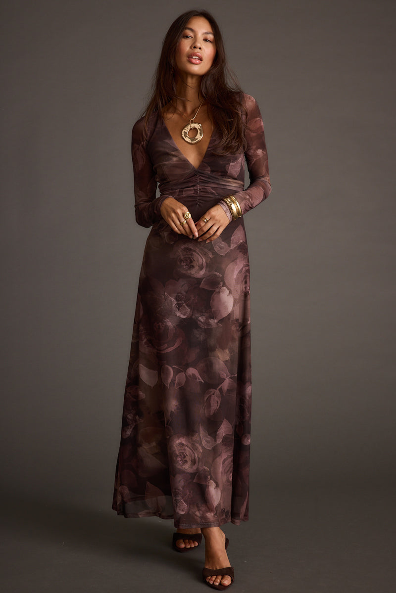 Kristin Plum Blur Mesh Maxi Dress paired with complementary accessories for a polished look.