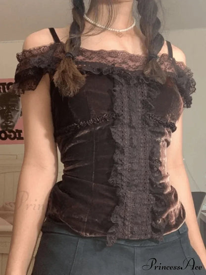 Lace O Neck Trendy Irregular Maxi Dress Brown / S Shirts