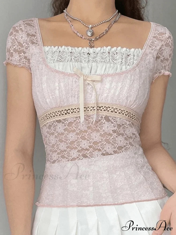Lace Patchwork Graceful Butterfly Print Dress Pink / S Shirts