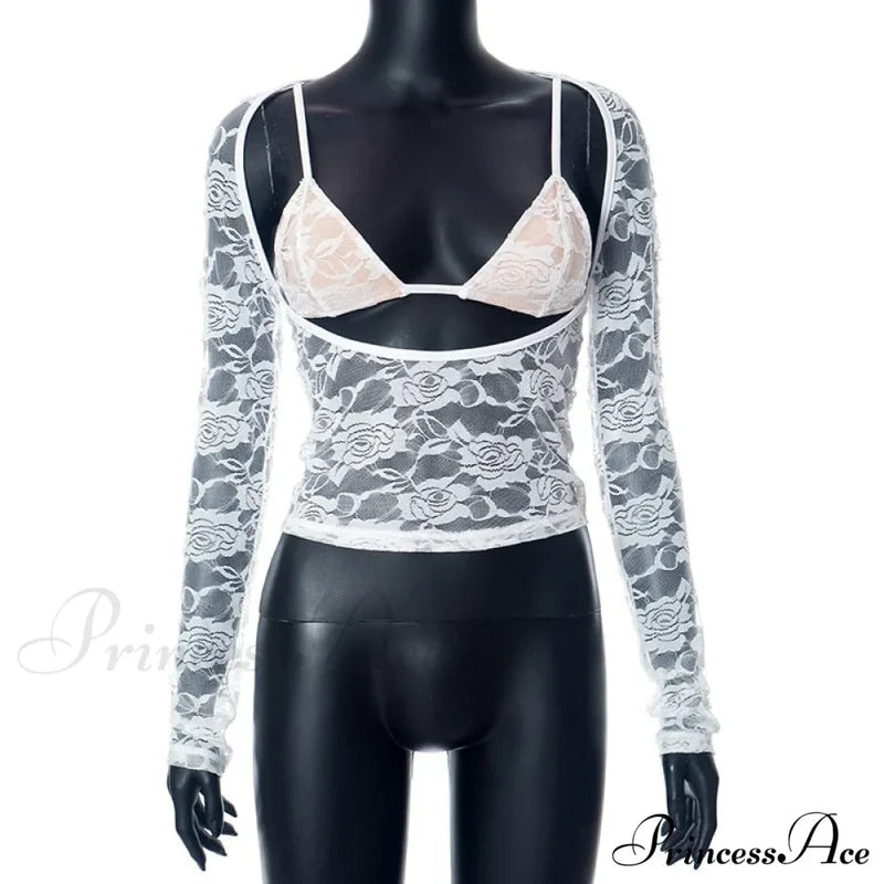 Lace Sheer Long Sleeve Graceful Cut Out Bralette Top