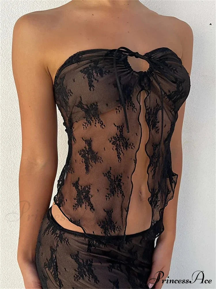Lace Sheer Tube Tie Up Slit Top Free From Label