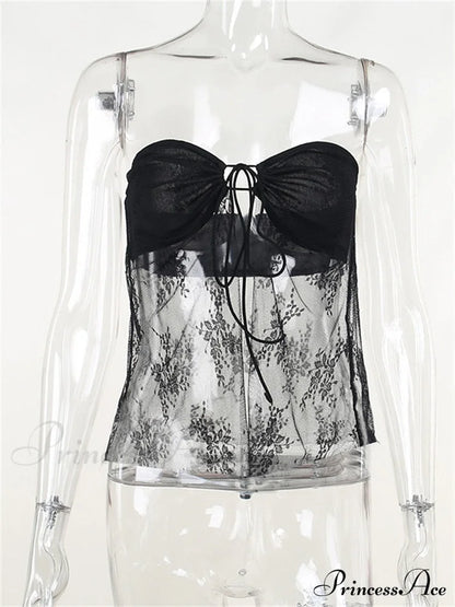Lace Sheer Tube Charming Tie Up Slit Top