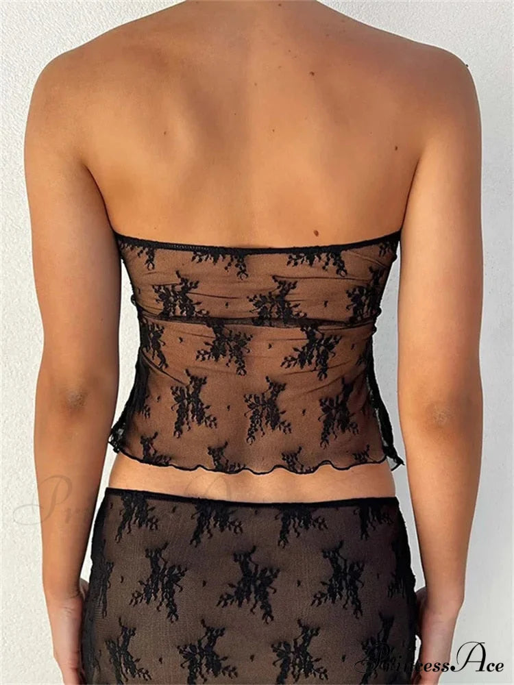 Lace Sheer Tube Charming Tie Up Slit Top