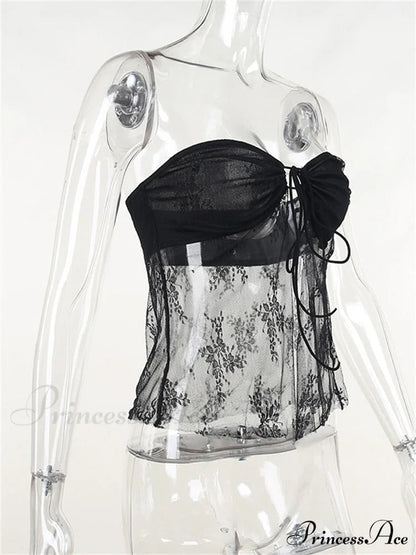 Lace Sheer Tube Charming Tie Up Slit Top