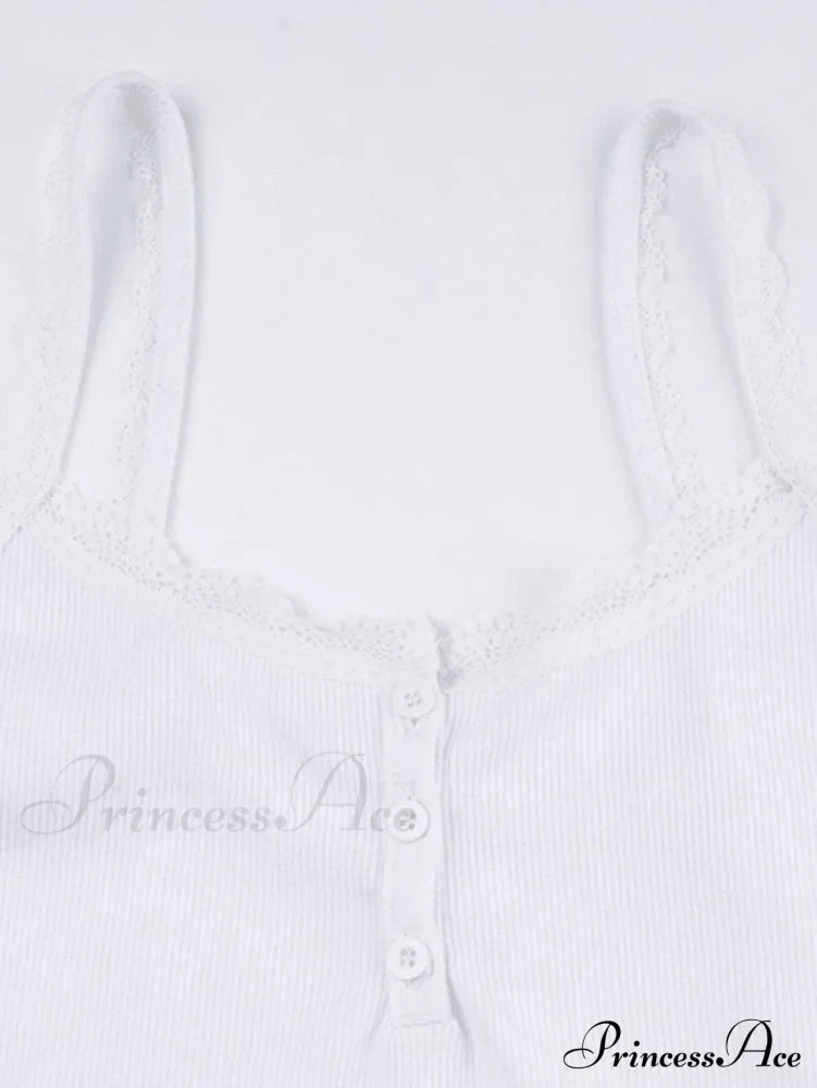 Lace Trim Button Trendy Up Cami Top Tops&Tees