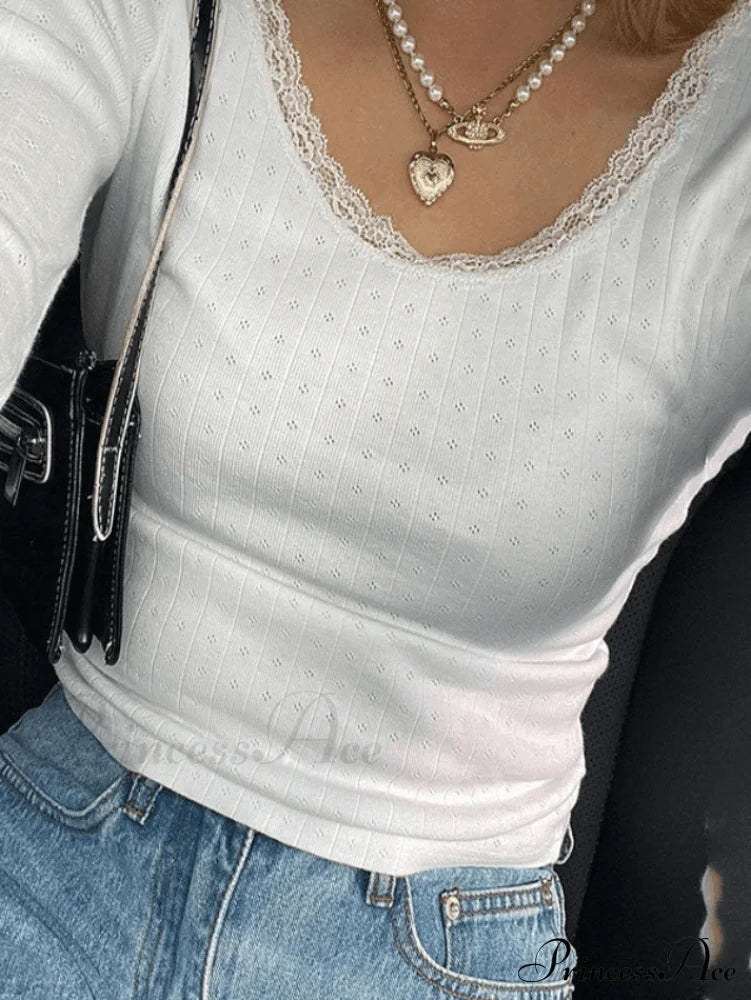 Lace Trim White Trendy Cropped Tank Top Sweaters