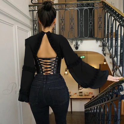 Lace Up Corset Charming Long Sleeve Blouse Shirts & Tops