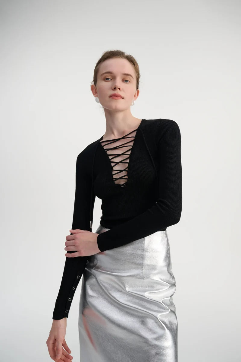 Lace-up ribbed knit top