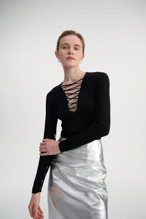 Lace-up ribbed knit top