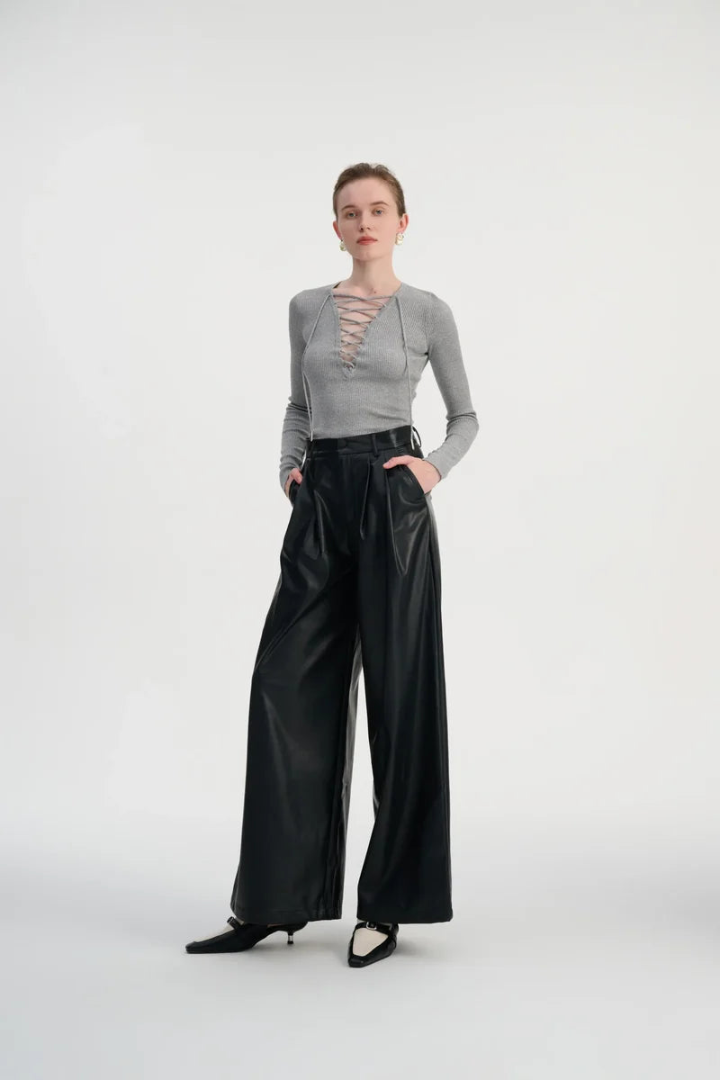 Lace-up ribbed knit top