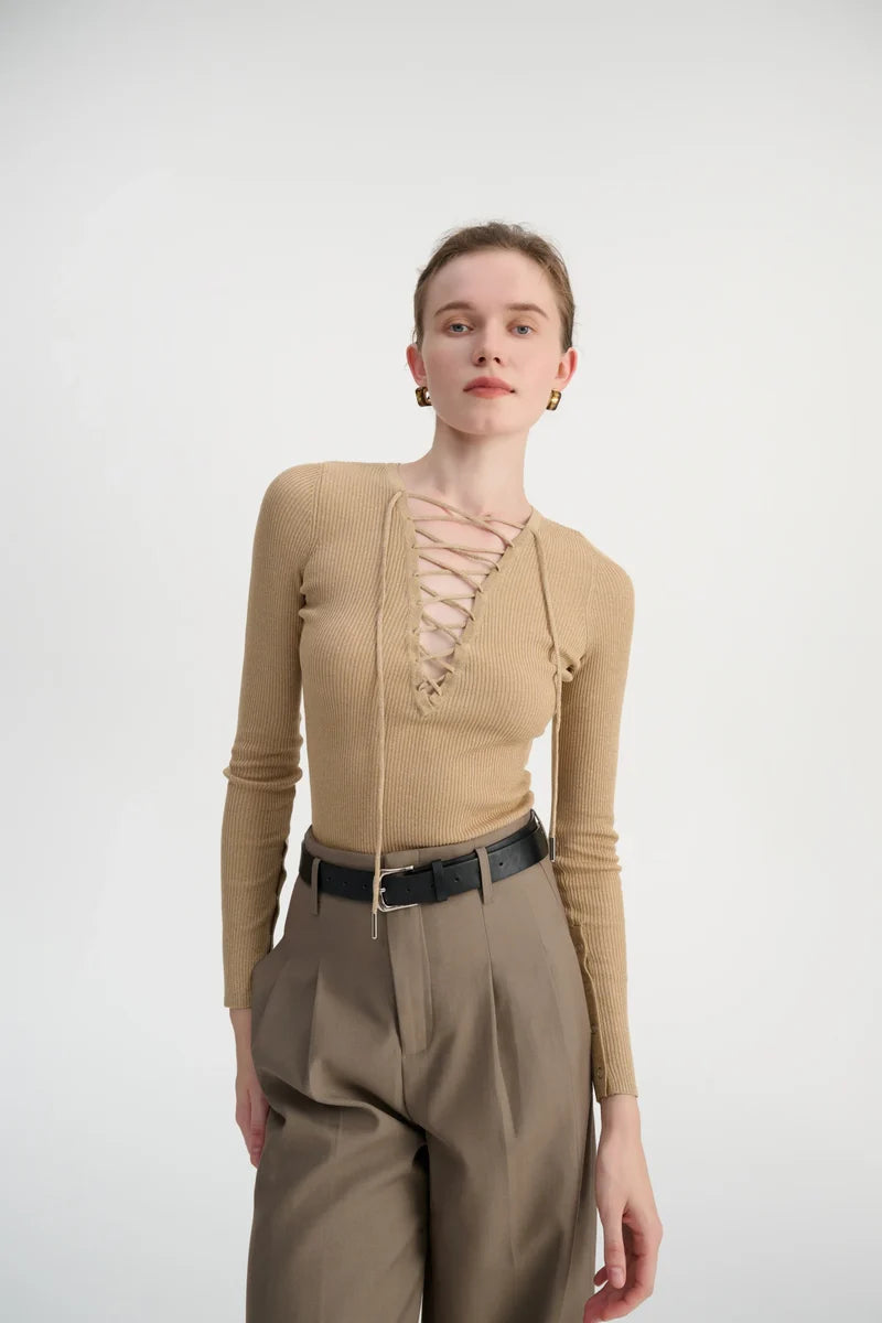 Lace-up ribbed knit top