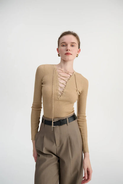 Lace-up ribbed knit top