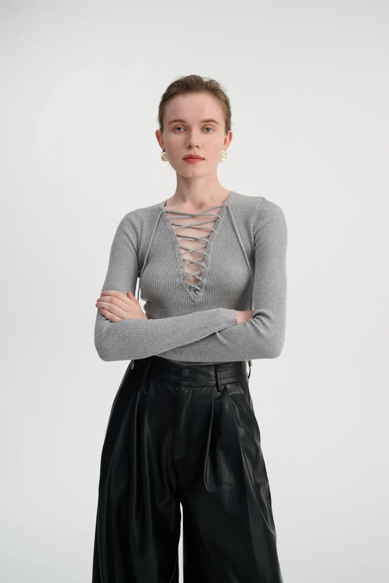 Lace-up ribbed knit top