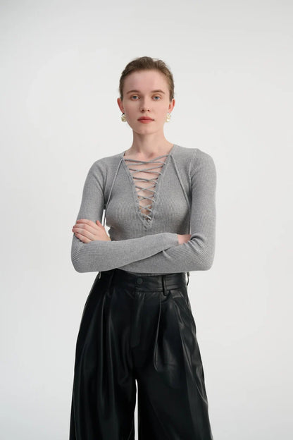 Lace-up ribbed knit top