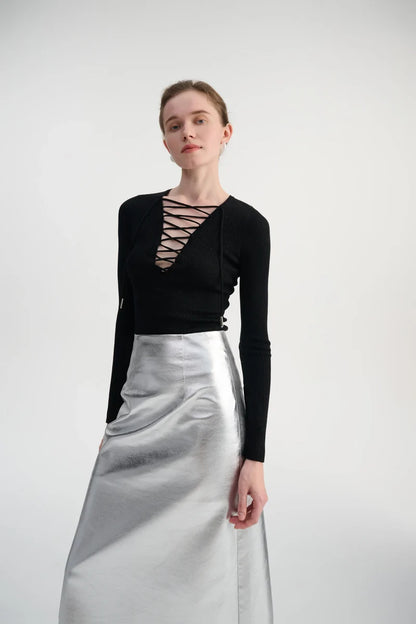 Lace-up ribbed knit top