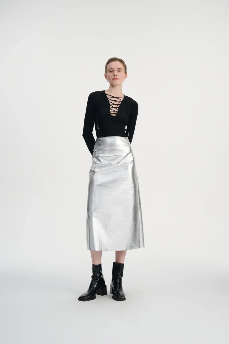 Lace-up ribbed knit top