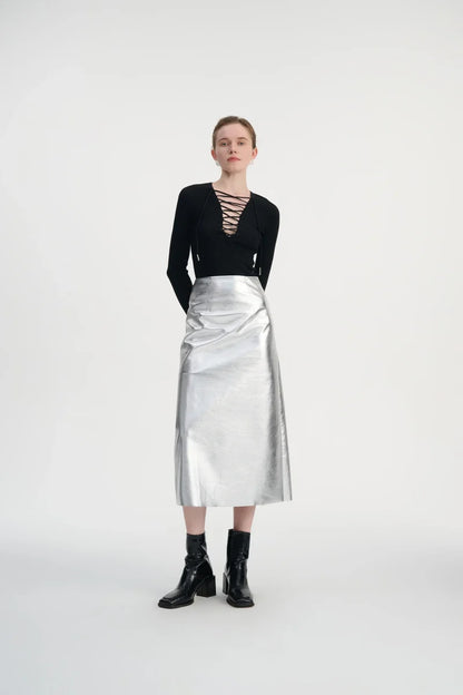 Lace-up ribbed knit top