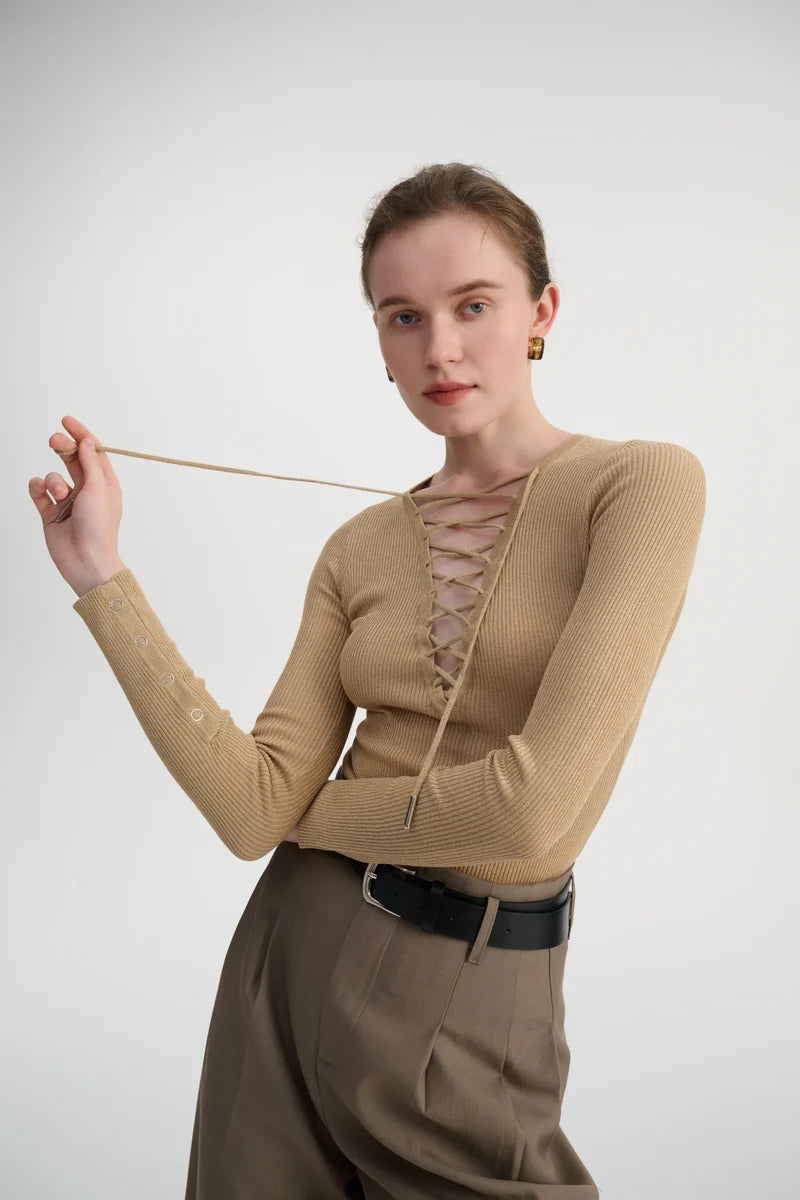 Lace-up ribbed knit top