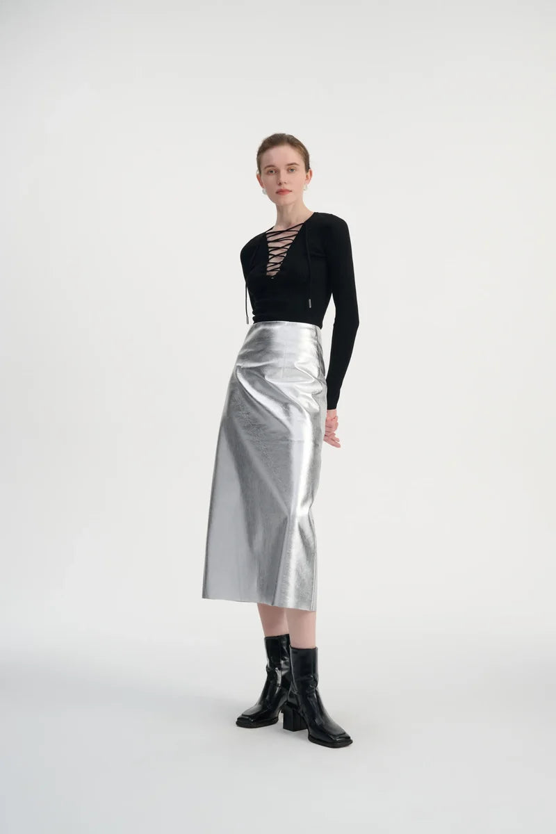 Lace-up ribbed knit top