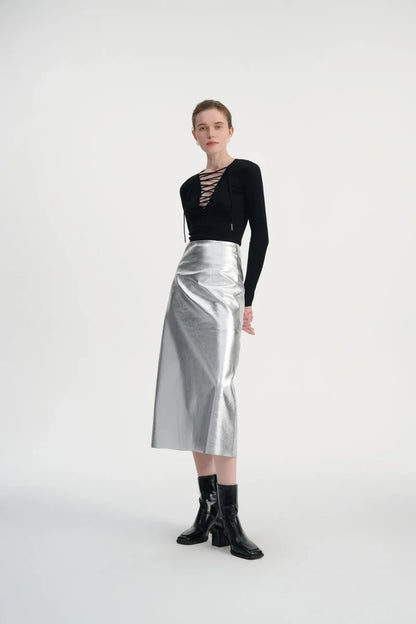Lace-up ribbed knit top