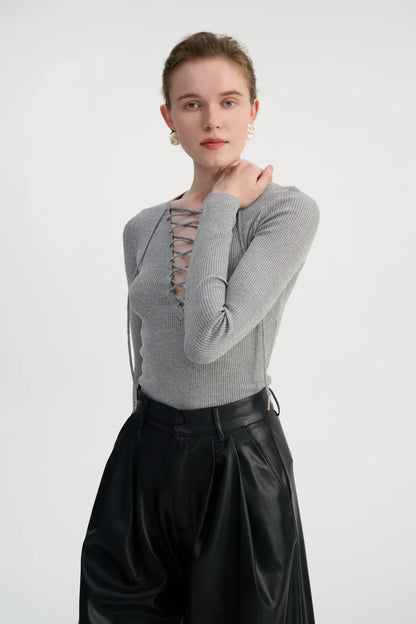 Lace-up ribbed knit top