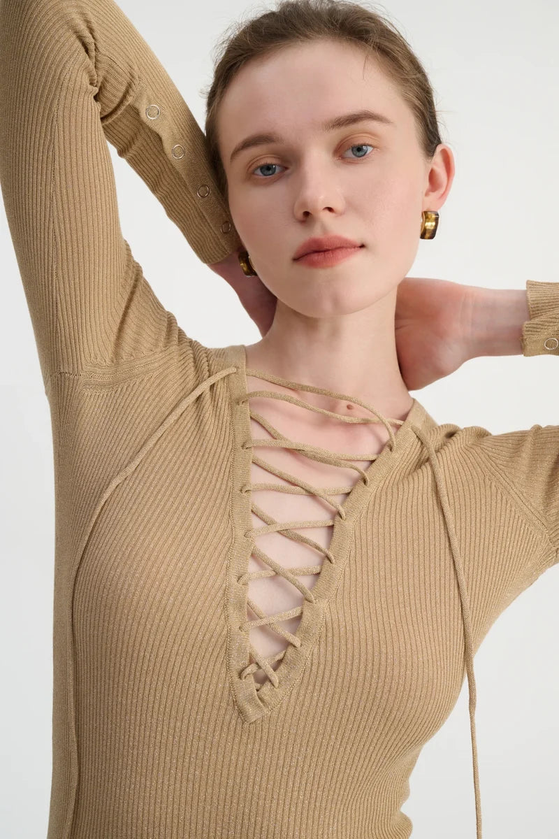Lace-up ribbed knit top