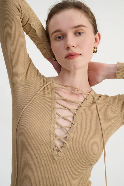Lace-up ribbed knit top