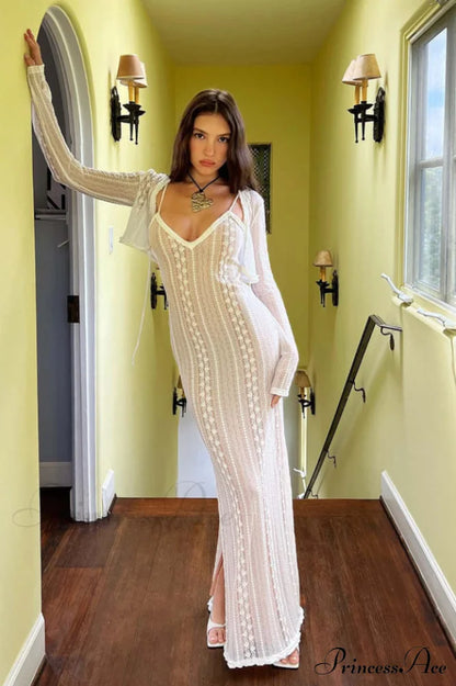 Lace V Neck Charming Slit Two-Piece Dress