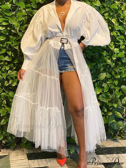 Lantern Sleeve Graceful Split Maxi Dress Shirts & Tops