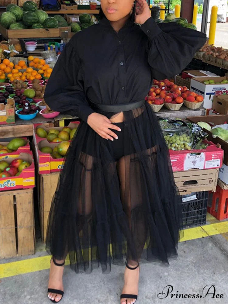 Lantern Sleeve Graceful Split Maxi Dress Black / M Shirts & Tops