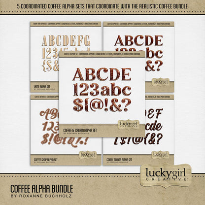 Cozy up your digital scrapbooking page titles with these tasty coffee-inspired alpha sets by Lucky Girl Creative digital art! Great for coffee shops, time with girlfriends, morning coffee, travel to Europe, and more! Each of the 5 alpha sets consist of a full set of digital art uppercase alphabet letters A-Z, lowercase letters a-z, numbers 0-9, and most punctuation marks. These alpha sets are available as individual embellishments only.