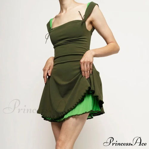 Layered Two Tone Strap Graceful Tie Up Mini Dress